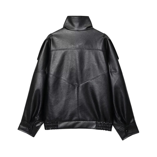 Chic Black Faux Leather Jackets Women Long Sleeve Buttons Elastic Oversized