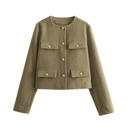 Cropped Jacket Women Long Sleeve Vintage Woman