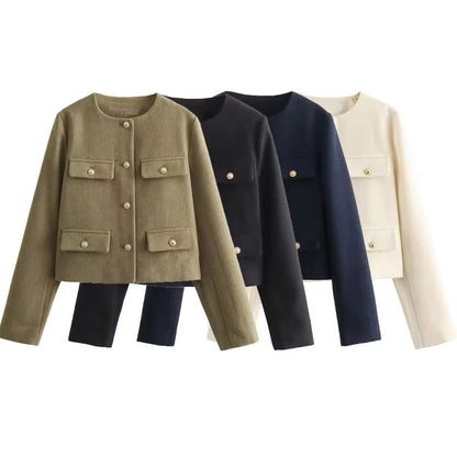 Cropped Jacket Women Long Sleeve Vintage Woman