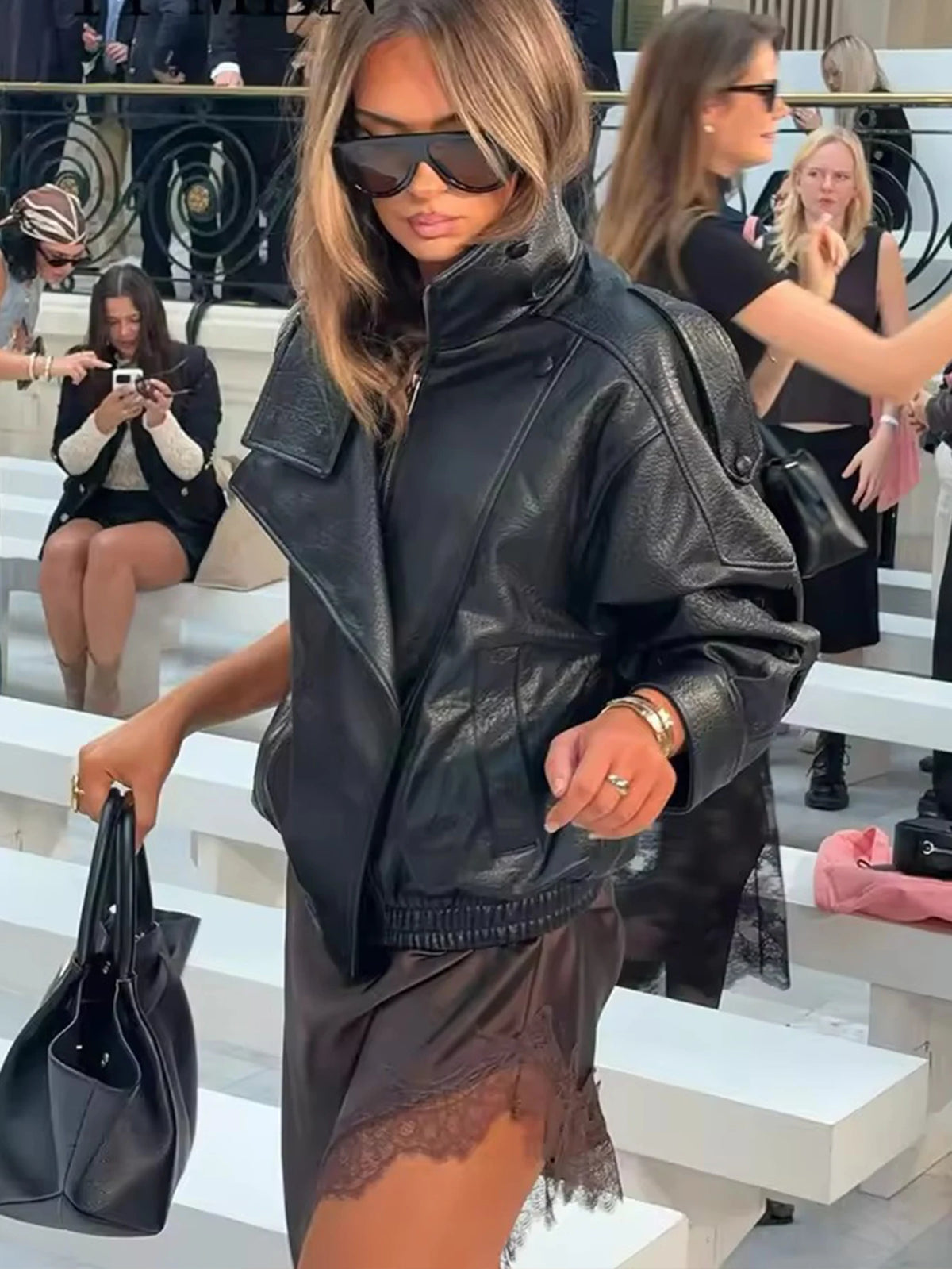 Chic Black Faux Leather Jackets Women Long Sleeve Buttons Elastic Oversized