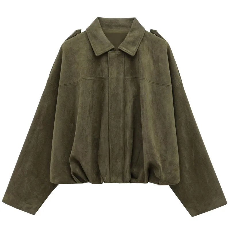 Women's Bomber Jacket Lapel Long Sleeve Zipper Suede