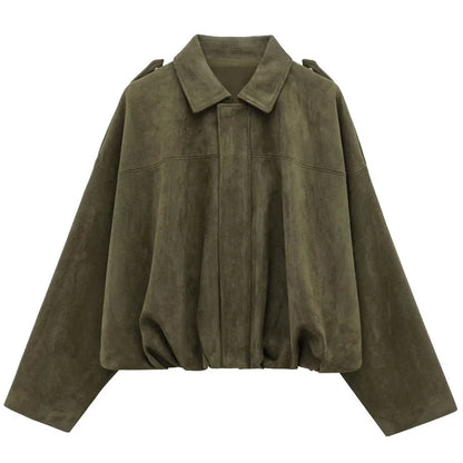 Women's Bomber Jacket Lapel Long Sleeve Zipper Suede