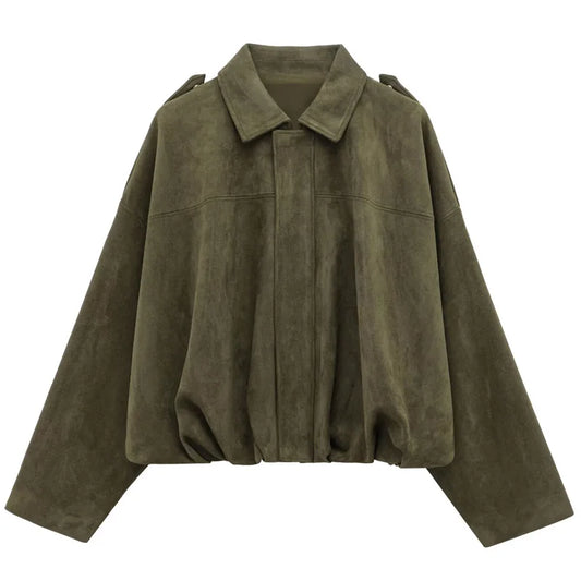Women's Bomber Jacket Lapel Long Sleeve Zipper Suede