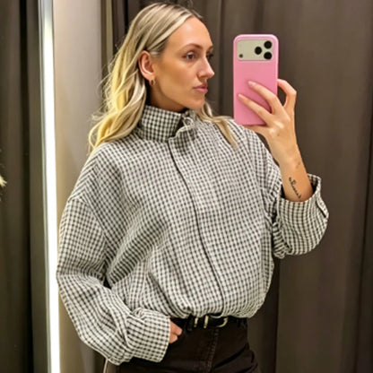 Plaid Bomber Jacket Women's Jacket Crop Oversized Long Sleeve Top Casual Zipper
