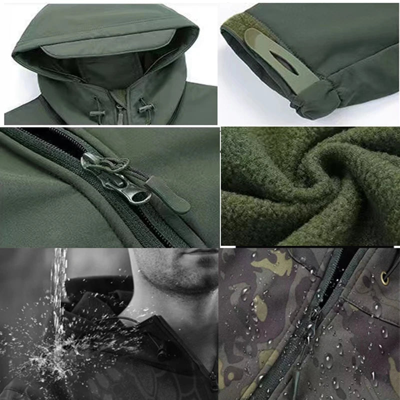 Men's Winter Warm Softshell Fleece Hood Cargo Jackets