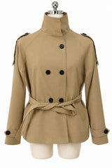 Belted Waist Cropped Trench Jackets Women Double Breasted Stand Collar Coats
