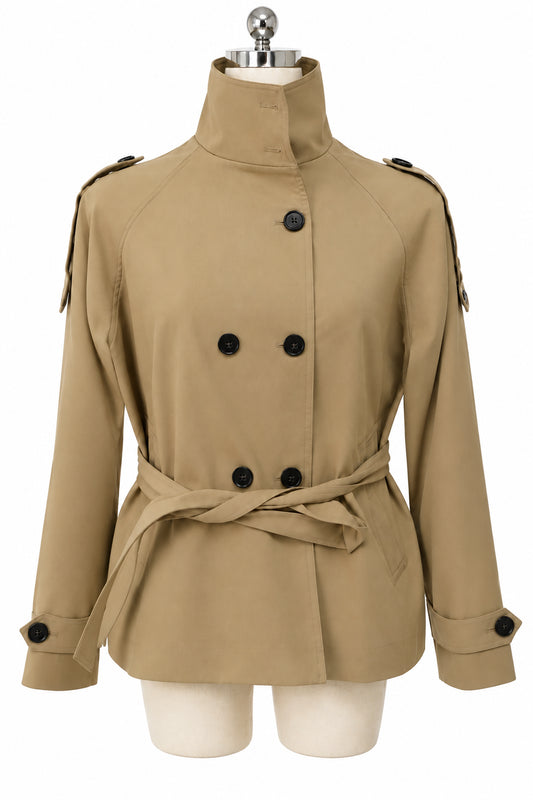 Belted Waist Cropped Trench Jackets Women Double Breasted Stand Collar Coats