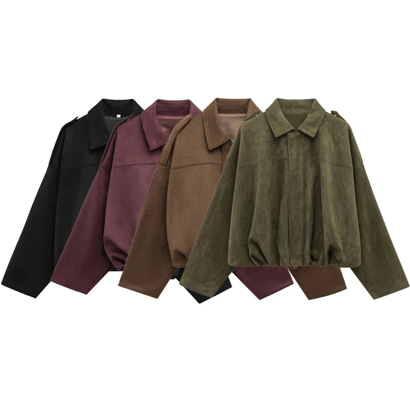 Women's Bomber Jacket Lapel Long Sleeve Zipper Suede