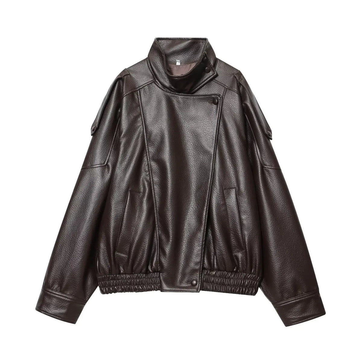 Chic Black Faux Leather Jackets Women Long Sleeve Buttons Elastic Oversized
