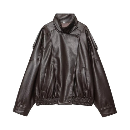 Chic Black Faux Leather Jackets Women Long Sleeve Buttons Elastic Oversized