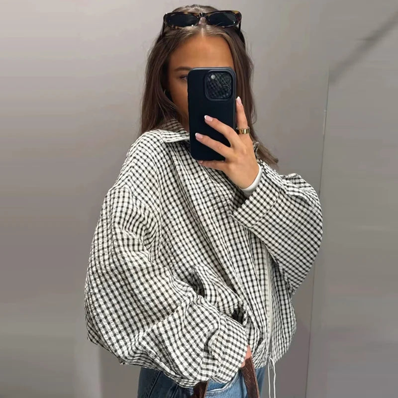Plaid Bomber Jacket Women's Jacket Crop Oversized Long Sleeve Top Casual Zipper