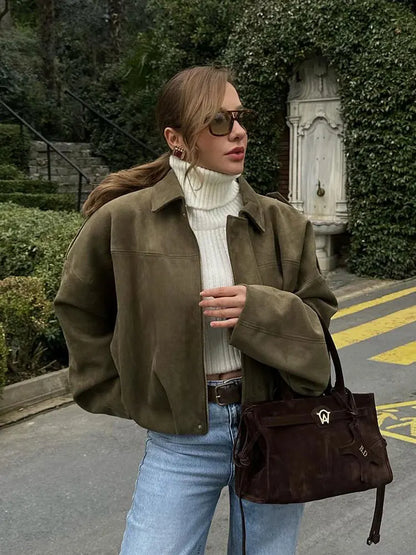 Women's Street Fashion Solid Loose Suede Texture Coats Causal