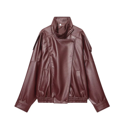 Chic Black Faux Leather Jackets Women Long Sleeve Buttons Elastic Oversized