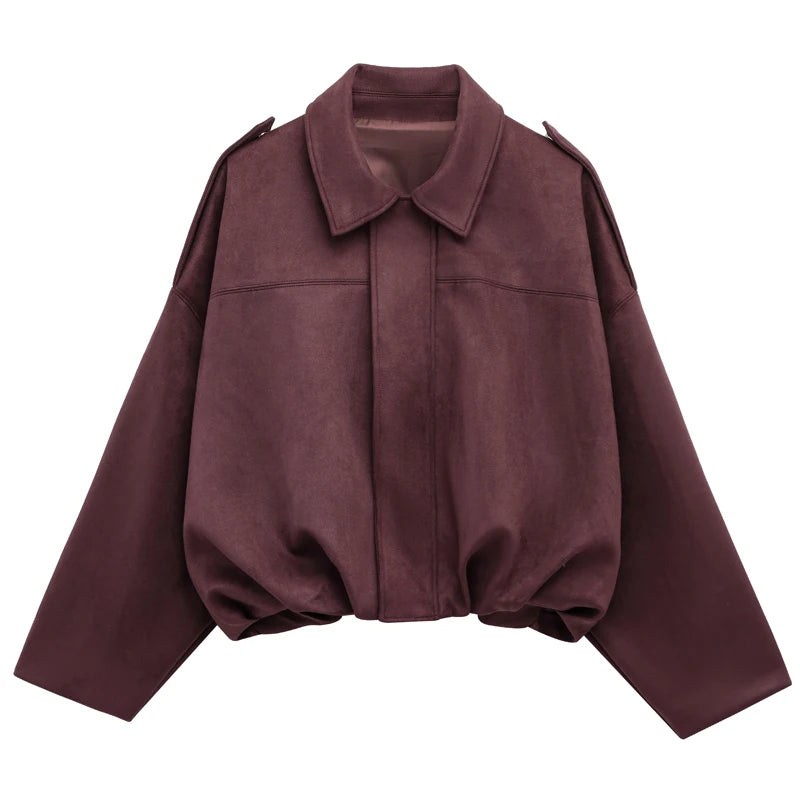 Women's Bomber Jacket Lapel Long Sleeve Zipper Suede