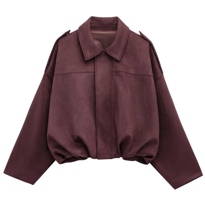 Women's Bomber Jacket Lapel Long Sleeve Zipper Suede