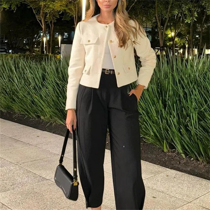 Cropped Jacket Women Long Sleeve Vintage Woman