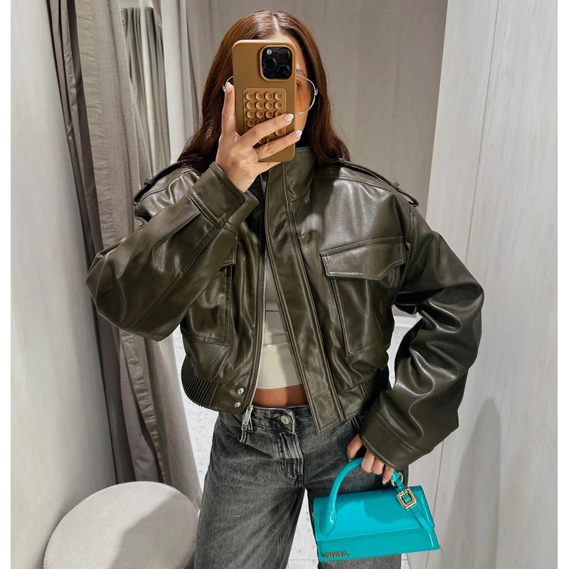 Faux Leather Cropped Jacket Women Bomber Demi-season