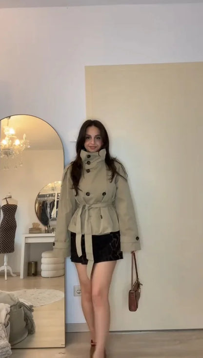 Belted Waist Cropped Trench Jackets Women Double Breasted Stand Collar Coats