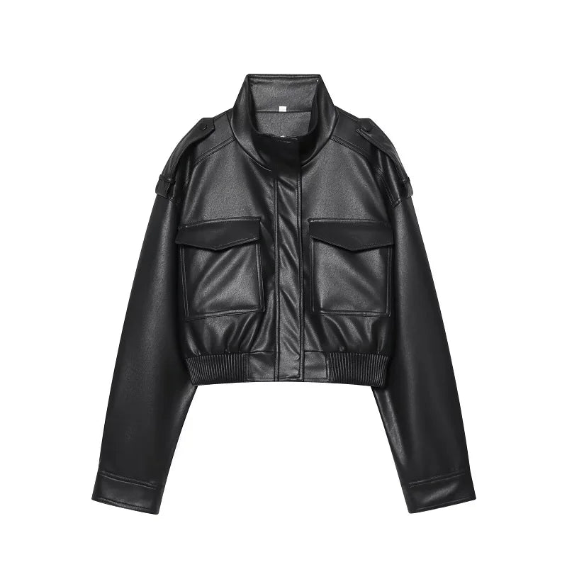 Faux Leather Cropped Jacket Women Bomber Demi-season