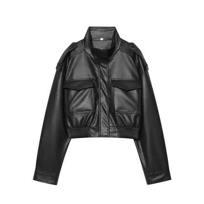 Faux Leather Cropped Jacket Women Bomber Demi-season