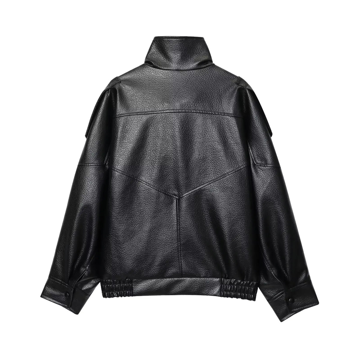 Chic Black Faux Leather Jackets Women Long Sleeve Buttons Elastic Oversized