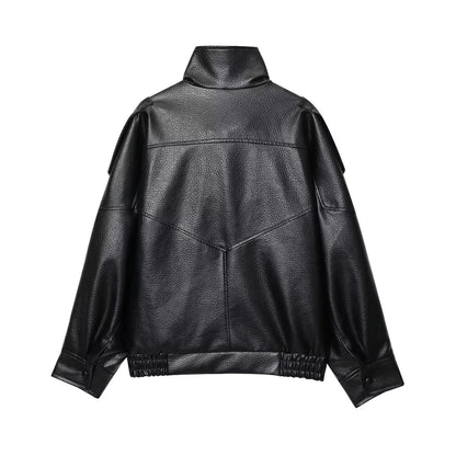 Chic Black Faux Leather Jackets Women Long Sleeve Buttons Elastic Oversized