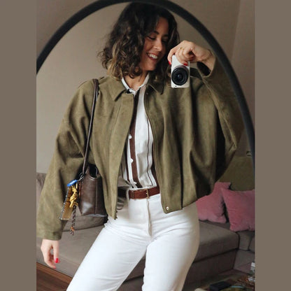 Women's Bomber Jacket Lapel Long Sleeve Zipper Suede