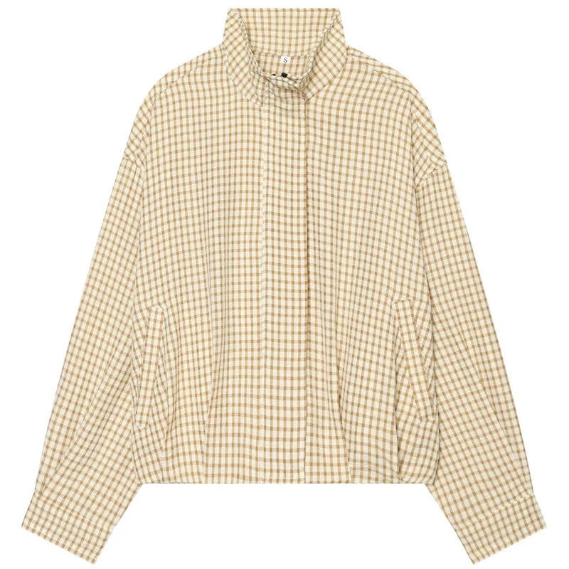 Plaid Bomber Jacket Women's Jacket Crop Oversized Long Sleeve Top Casual Zipper