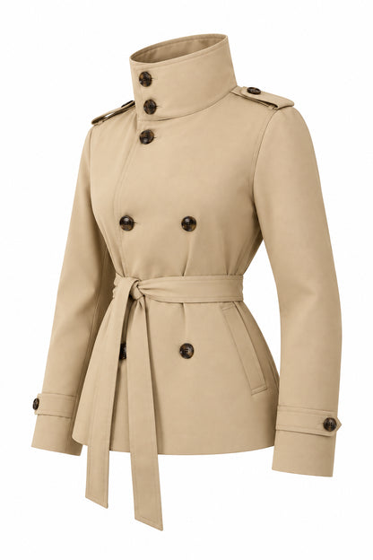 Belted Waist Cropped Trench Jackets Women Double Breasted Stand Collar Coats