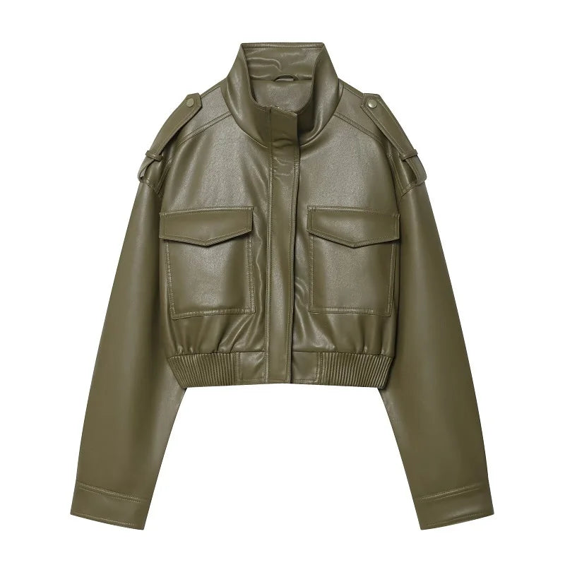 Faux Leather Cropped Jacket Women Bomber Demi-season