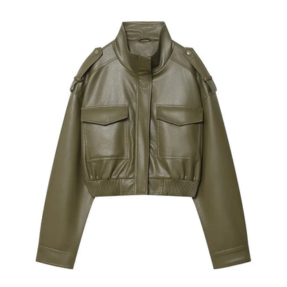 Faux Leather Cropped Jacket Women Bomber Demi-season