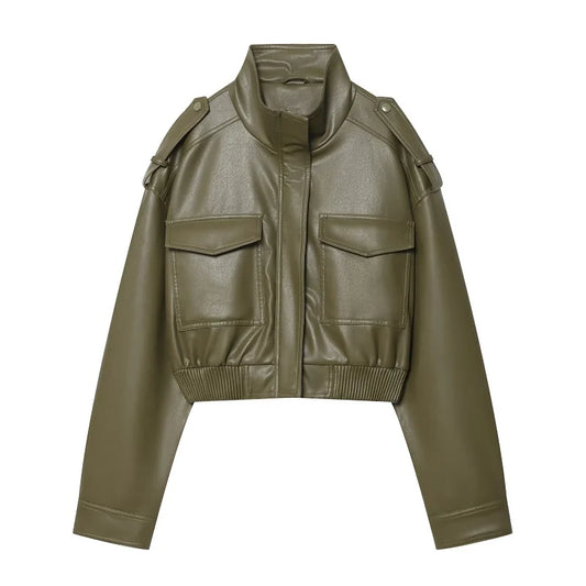 Faux Leather Cropped Jacket Women Bomber Demi-season