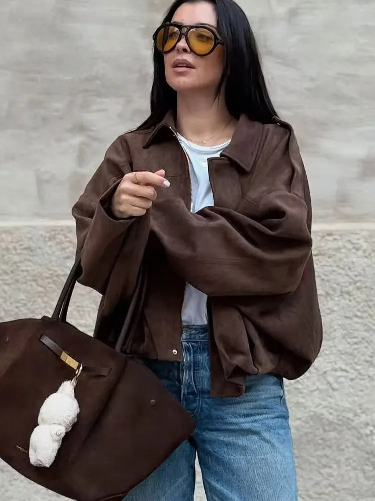 Women's Street Fashion Solid Loose Suede Texture Coats Causal