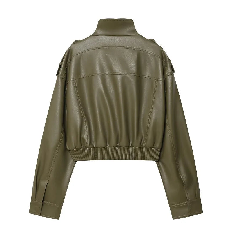 Faux Leather Cropped Jacket Women Bomber Demi-season
