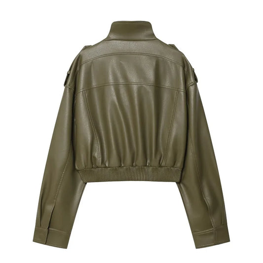 Faux Leather Cropped Jacket Women Bomber Demi-season