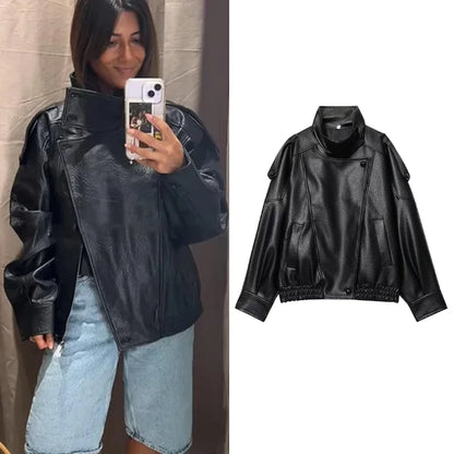 Chic Black Faux Leather Jackets Women Long Sleeve Buttons Elastic Oversized