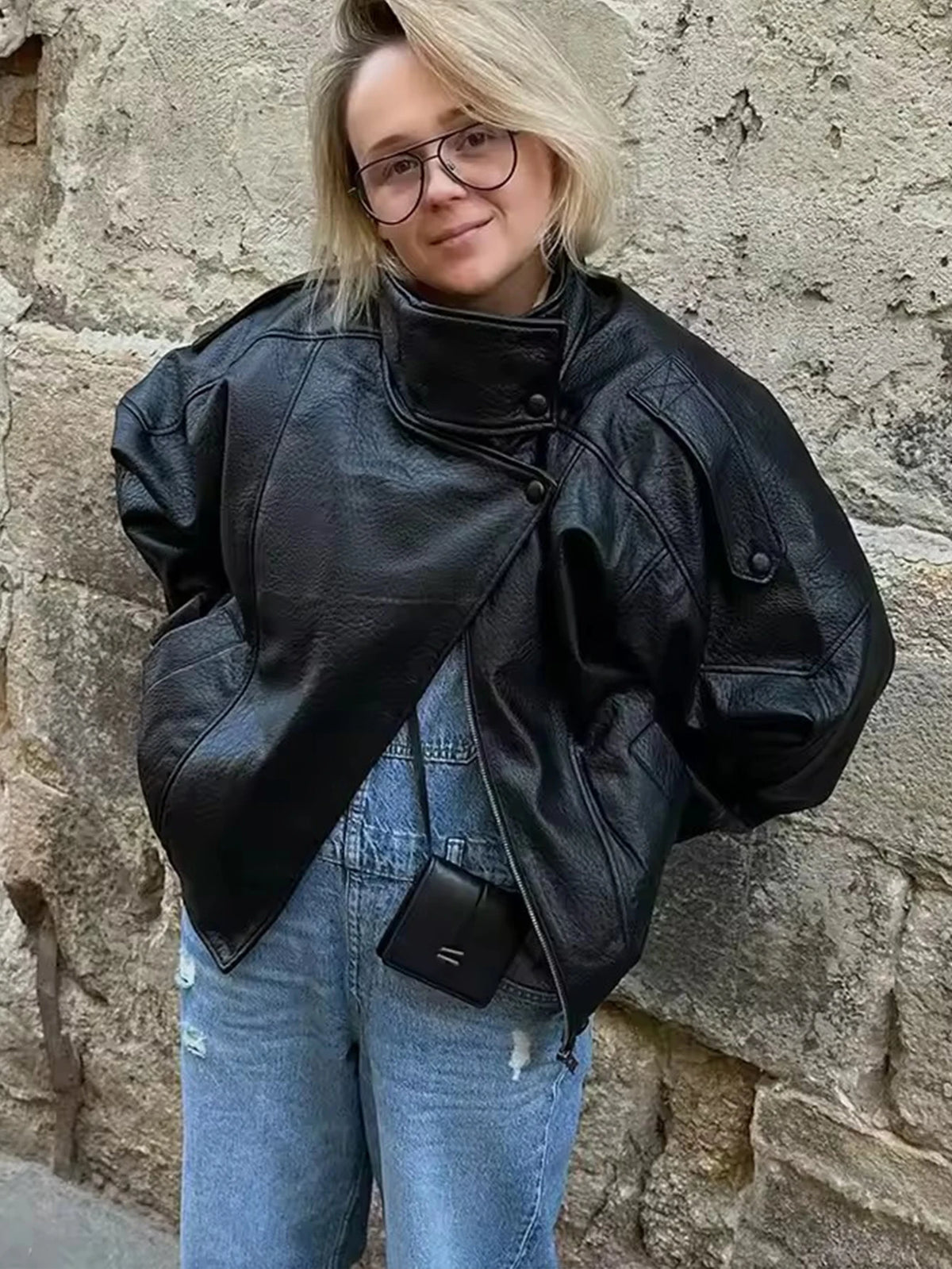 Chic Black Faux Leather Jackets Women Long Sleeve Buttons Elastic Oversized