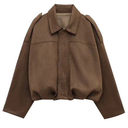 Women's Bomber Jacket Lapel Long Sleeve Zipper Suede