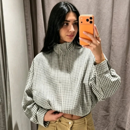 Plaid Bomber Jacket Women's Jacket Crop Oversized Long Sleeve Top Casual Zipper
