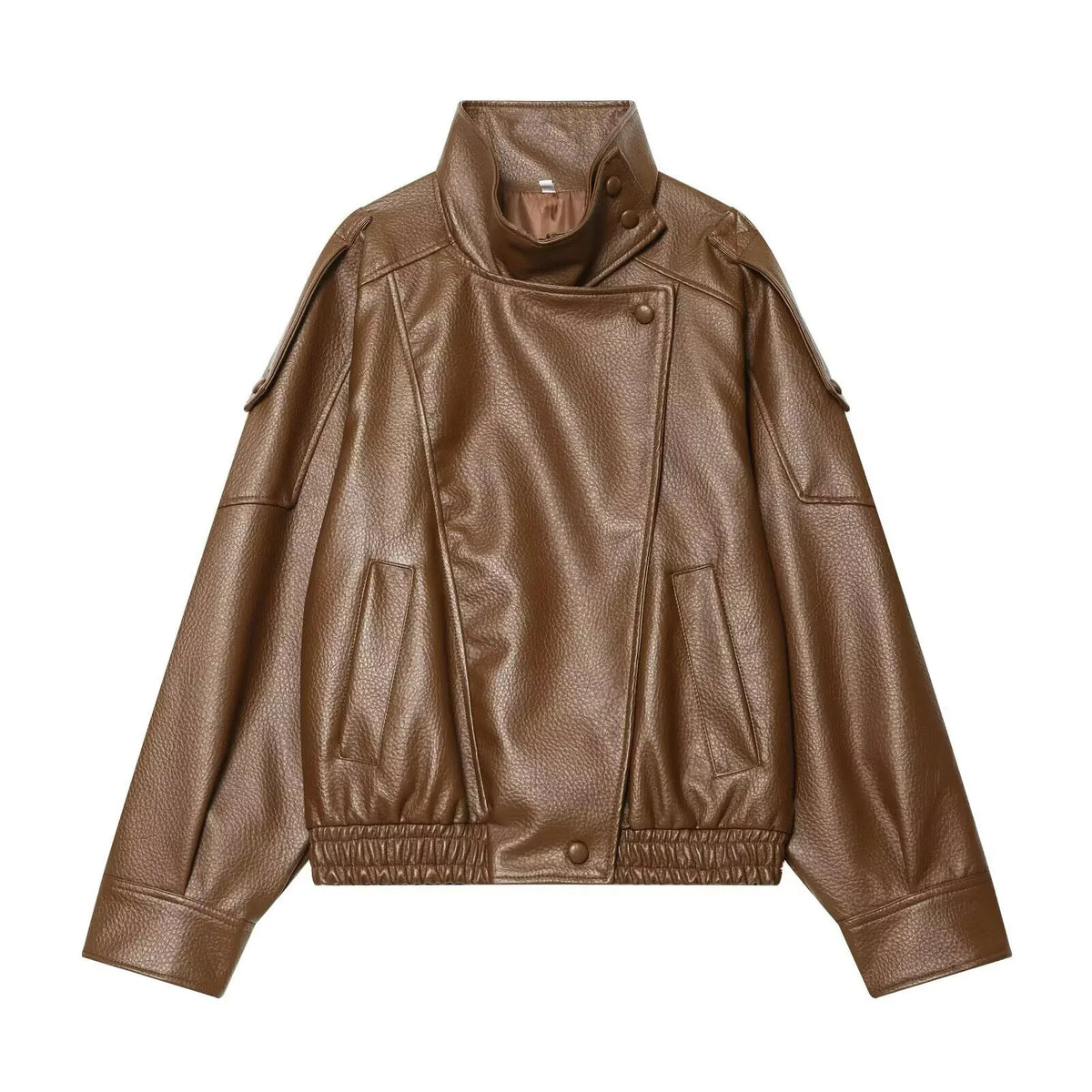 Chic Black Faux Leather Jackets Women Long Sleeve Buttons Elastic Oversized