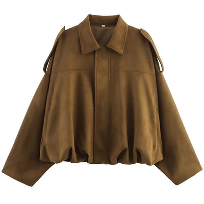 Women's Bomber Jacket Lapel Long Sleeve Zipper Suede