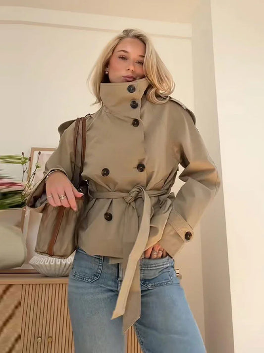 Belted Waist Cropped Trench Jackets Women Double Breasted Stand Collar Coats