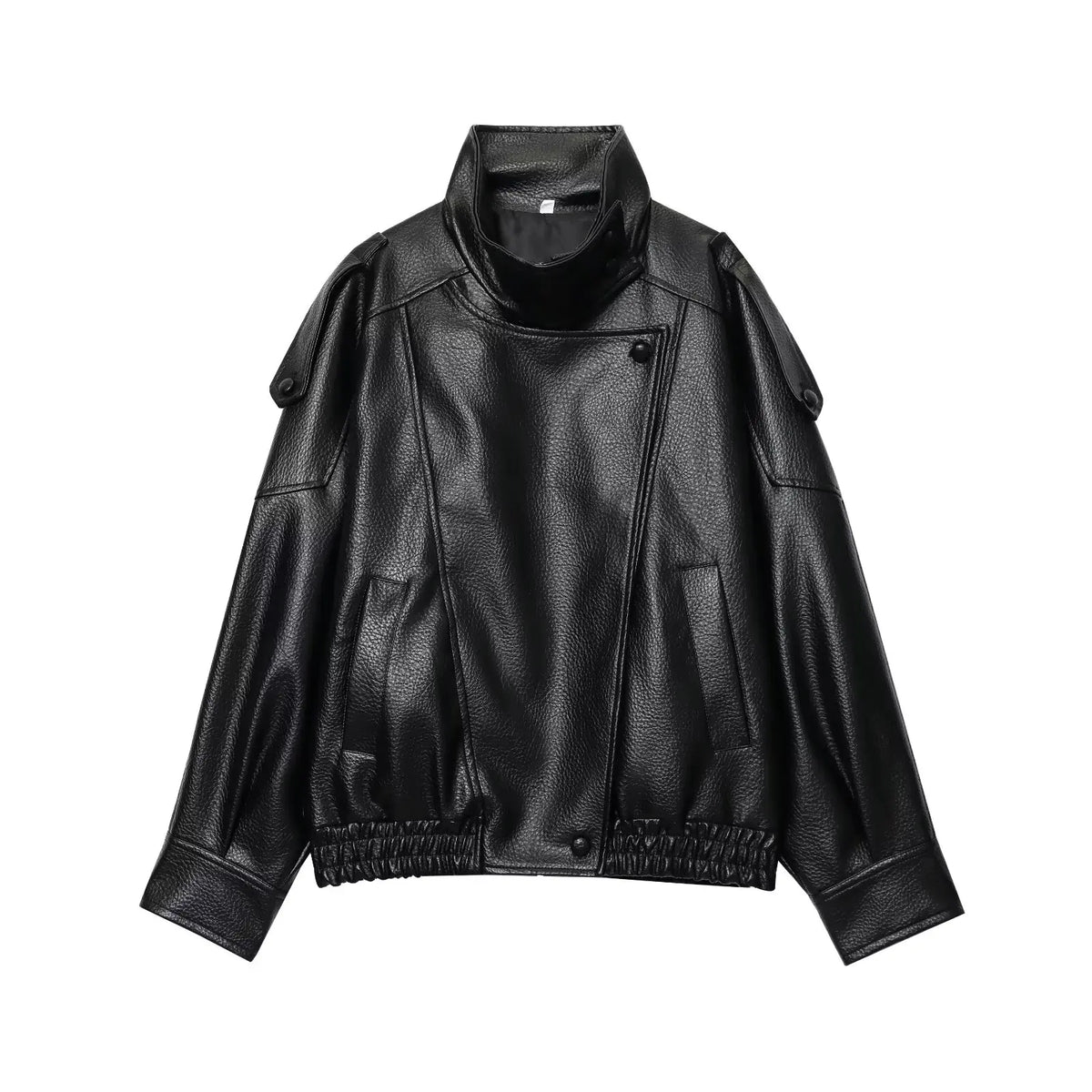 Chic Black Faux Leather Jackets Women Long Sleeve Buttons Elastic Oversized