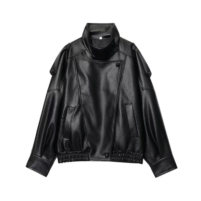 Chic Black Faux Leather Jackets Women Long Sleeve Buttons Elastic Oversized